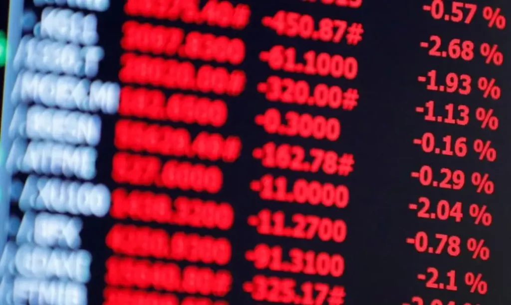 Painel eletrônico exibe cotações do mercado financeiro em vermelho