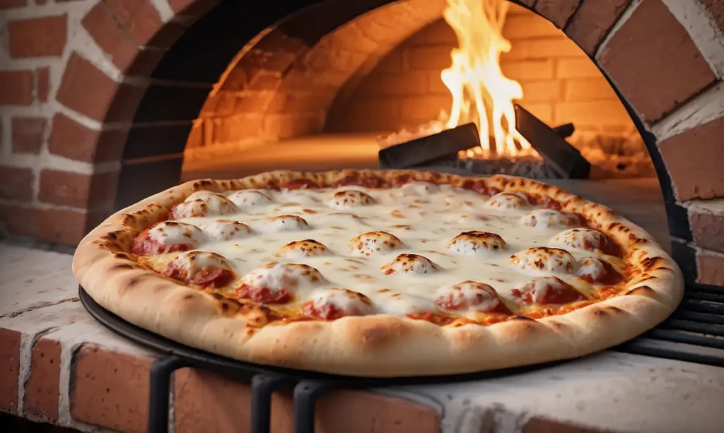 Pizza de mussarela recém-assada na boca de forno a lenha aceso
