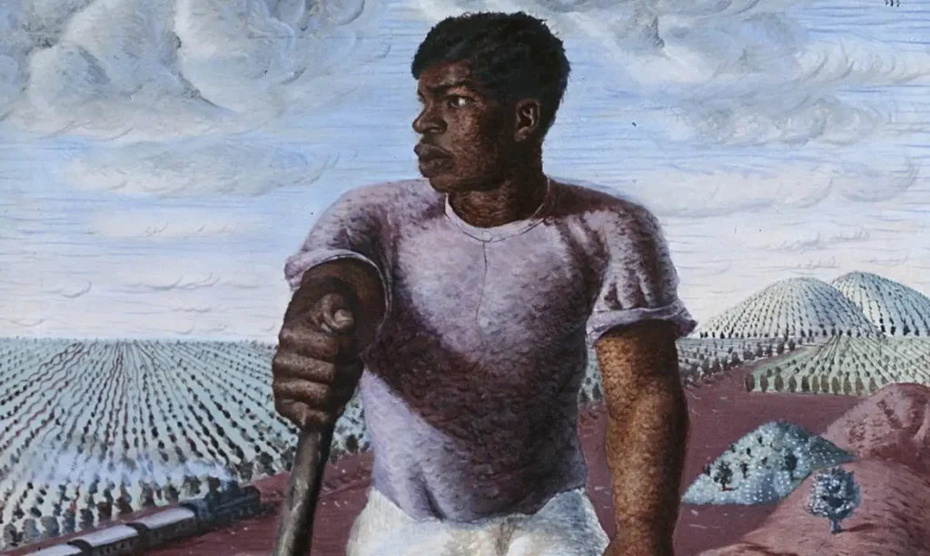Pintura mostra trabalhador rural apoiado em enxada diante de plantação