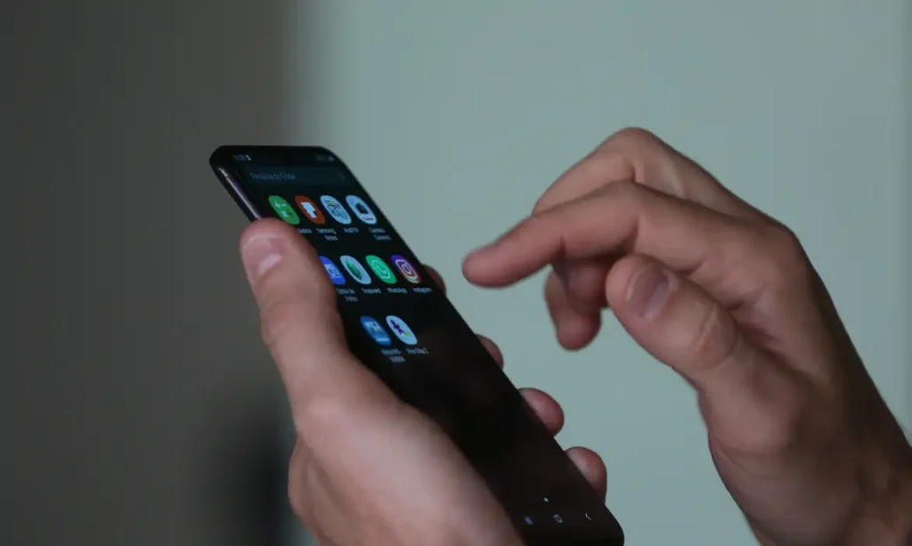 Mão manuseia smartphone com ícones de aplicativos na tela